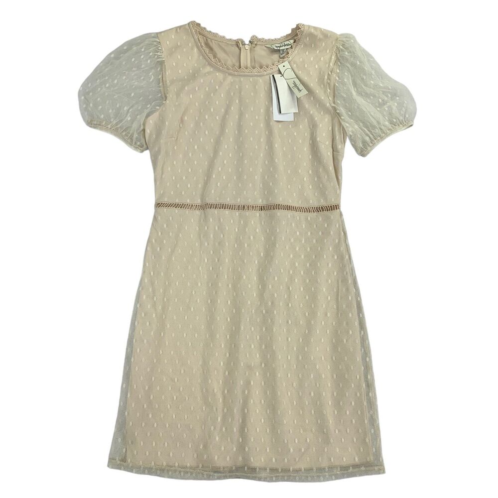 Speechless Juniors Puff-Sleeve Dotted Mesh Dress Natural Beige S